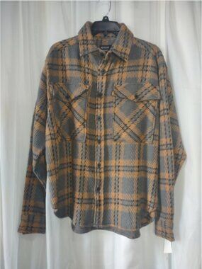 reverse threads tan and grey plaid shirt size M